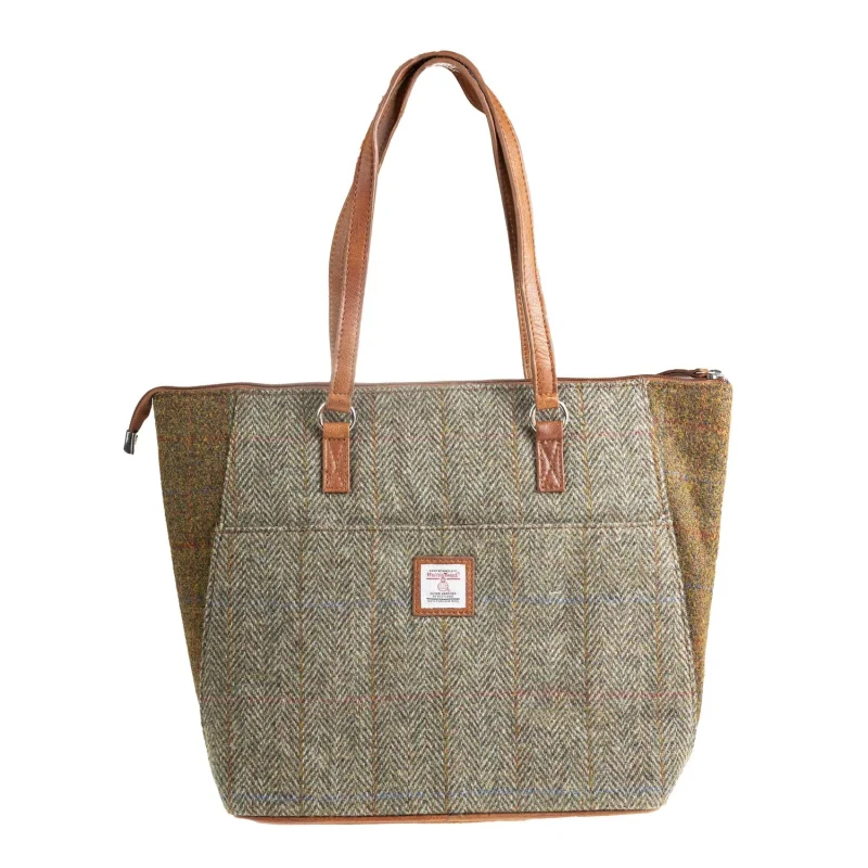 ladies leather tote bag light brown check