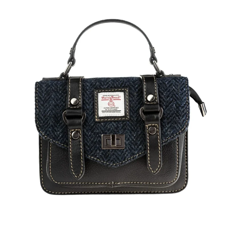 ladies mini satchel navy herringbone leather bag