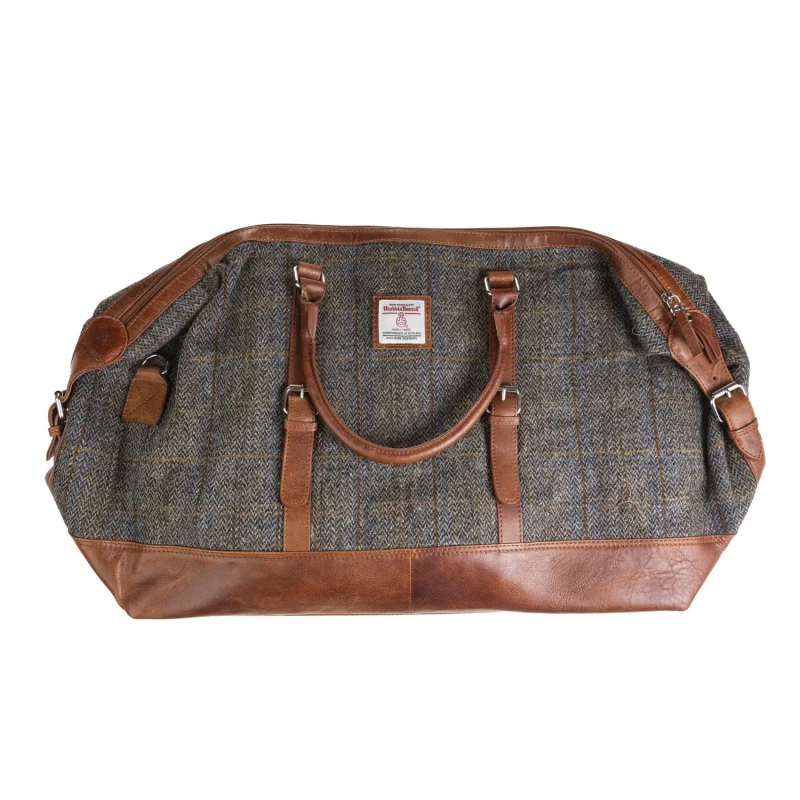 large travel bag blue brown check leather tan handle