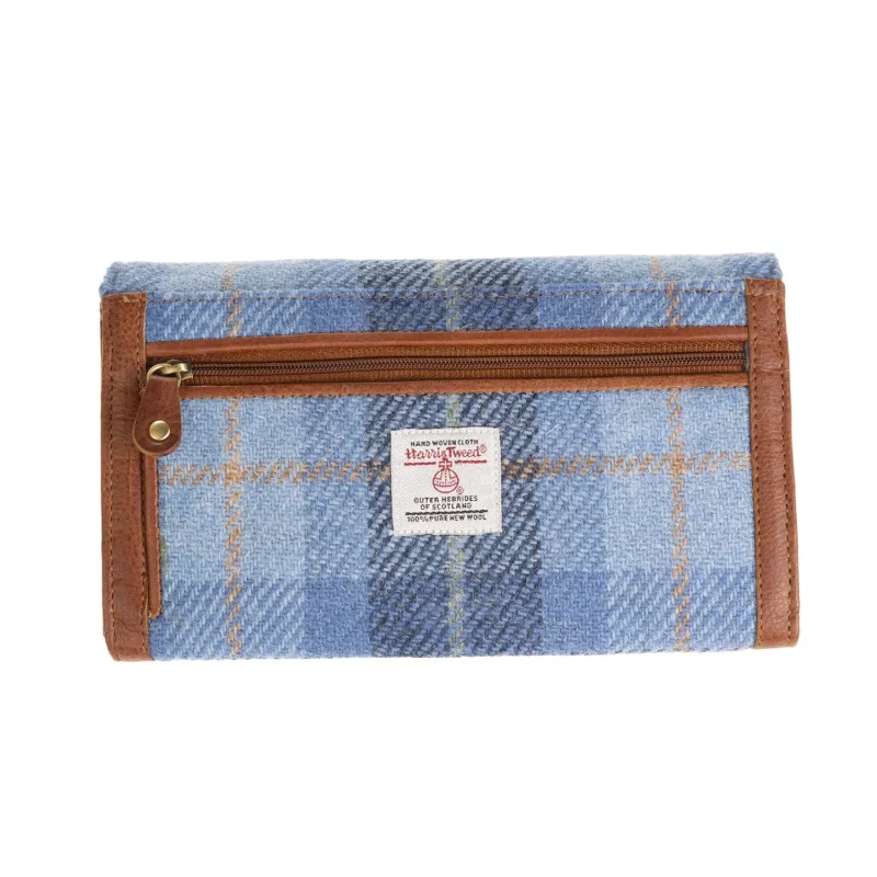 leather checked long wallet blue tan