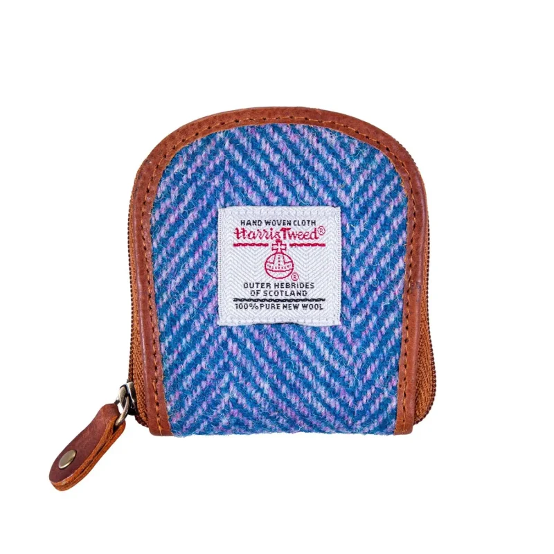 leather coin purse blue pink herringbone tan