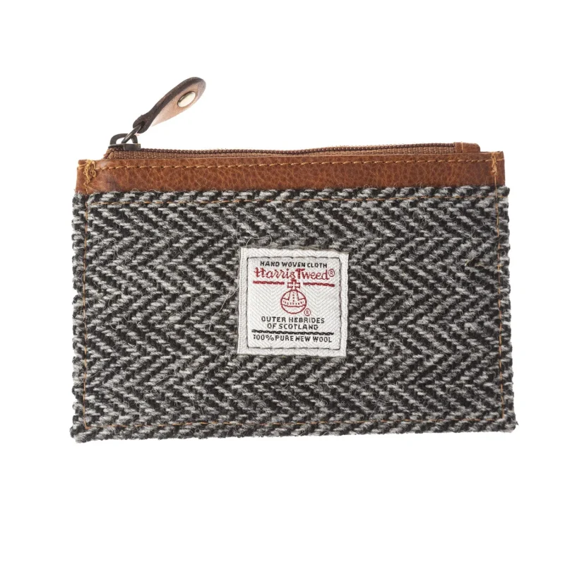 leather coin purse with card slots black white herringbone tan