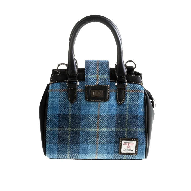 leather crossbody bag with flap closure blue black check