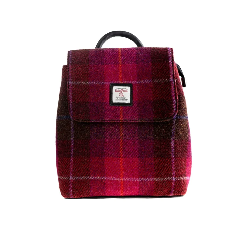 leather flapover backpack in cerise check black