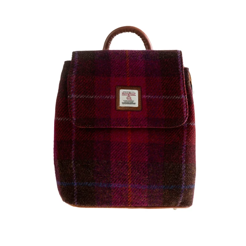 leather flapover backpack in cerise check tan