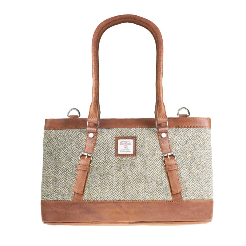 leather handbag green white barleycorn tan