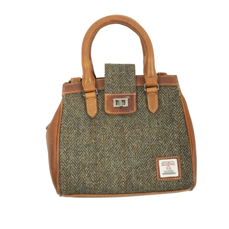 leather handbag with flap closure brown herringbone tan