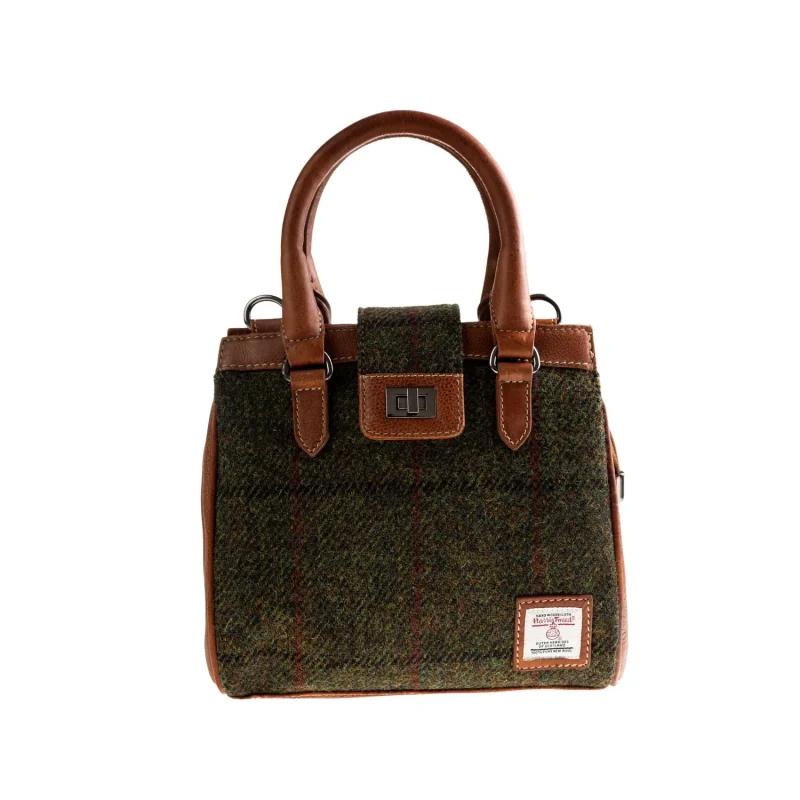 leather handbag with flap closure dark green tan