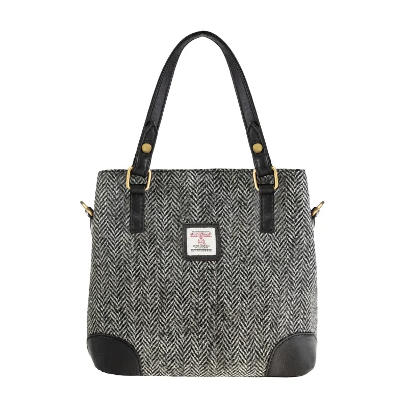 leather harris tweed handbag black white herringbone