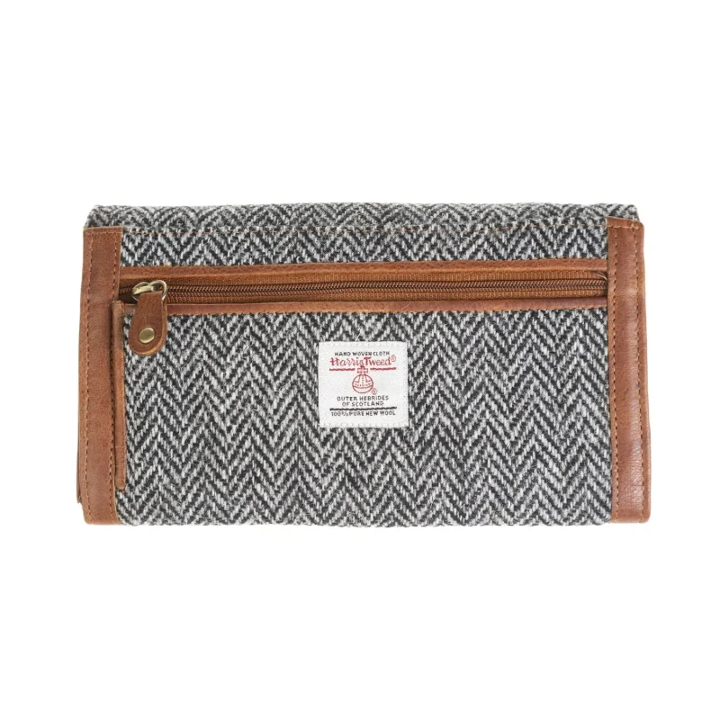 leather herringbone long wallet black white tan