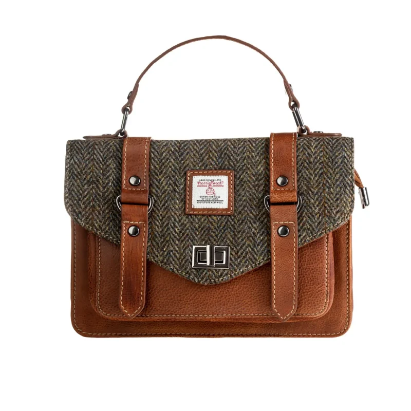 leather herringbone satchel bag in brown tan