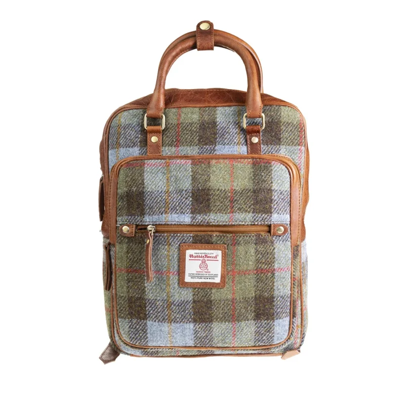 leather large backpack in lovat check tan