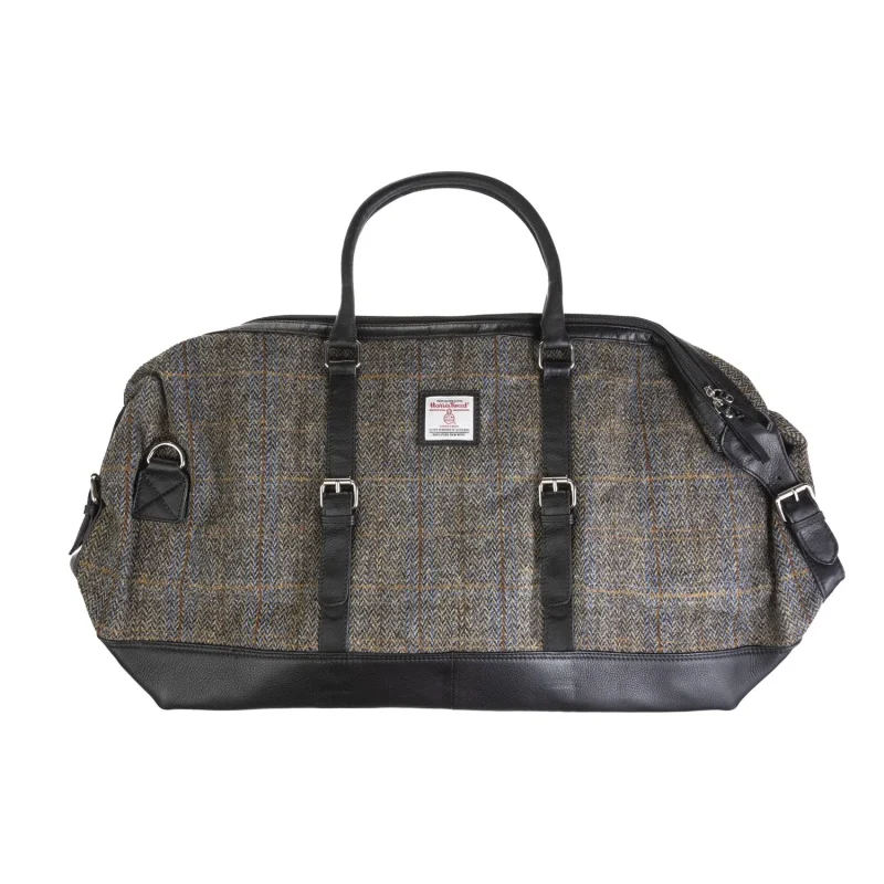 leather large travel bag blue brown check