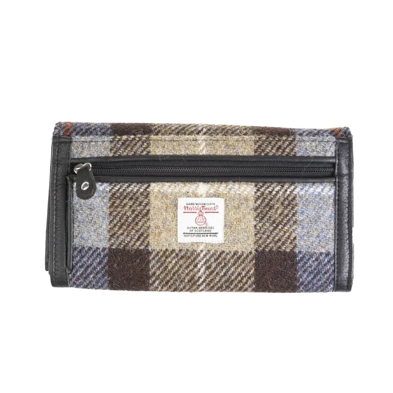 leather long wallet blue brown check black