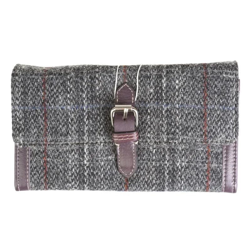 leather long wallet grey red check pattern