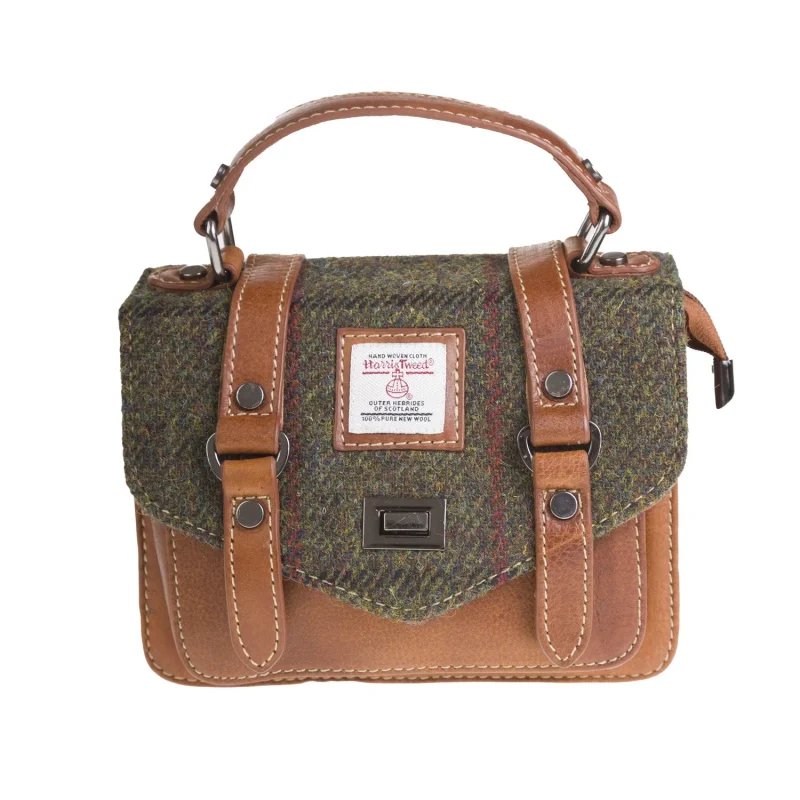 leather mini satchel dark green check with tan accents