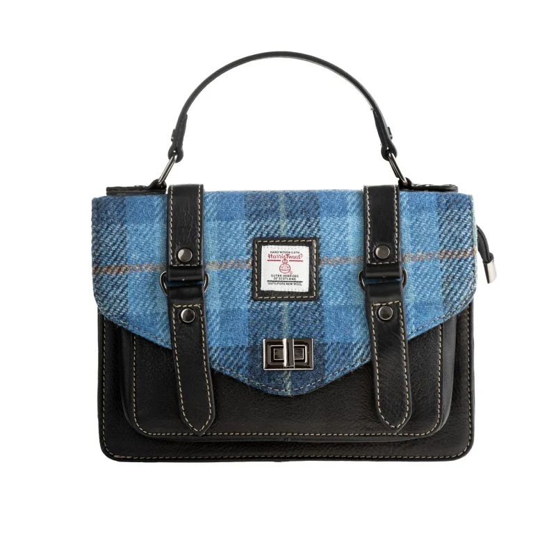 leather satchel bag harris tweed blue check black