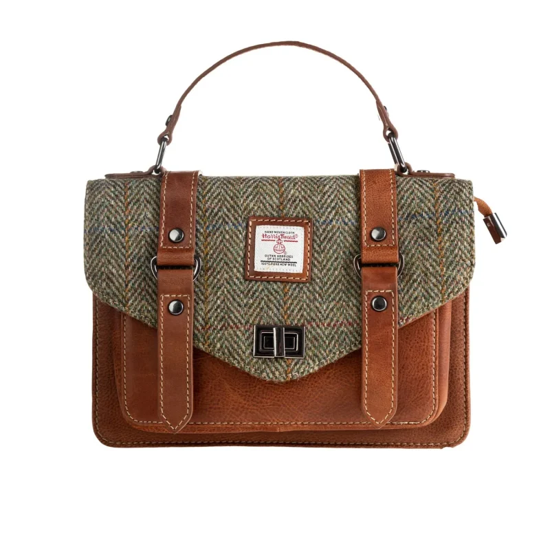 leather satchel bag light brown tan check