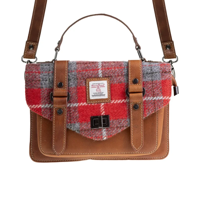 leather satchel bag red tan check