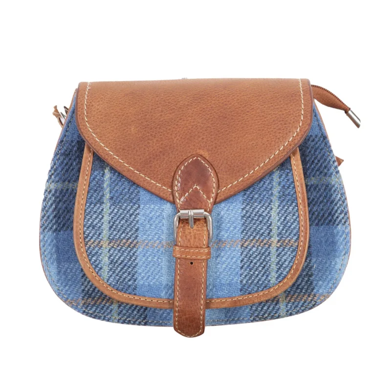 leather shoulder bag blue check tan