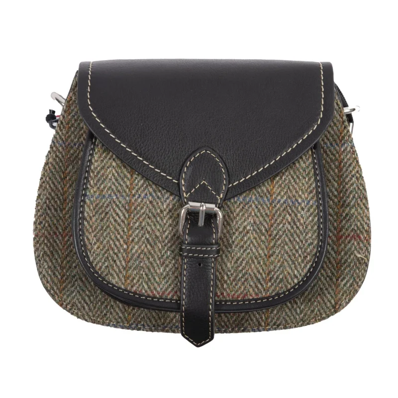 leather shoulder bag light brown black check pattern