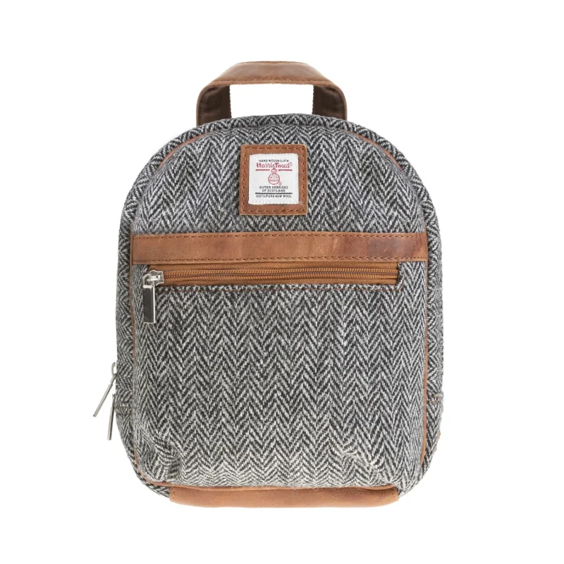 leather small backpack black white herringbone tan