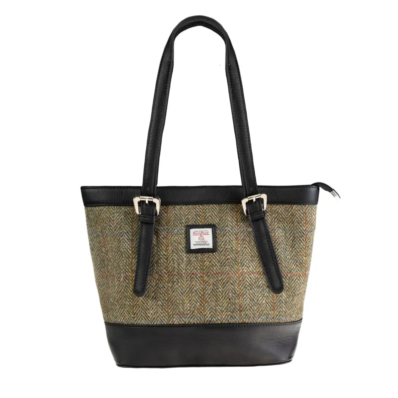 leather tote bag light brown black check