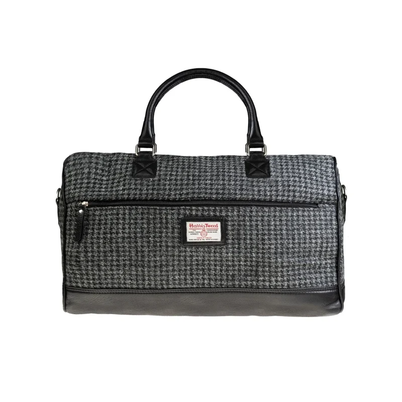 leather weekender bag black grey houndstooth