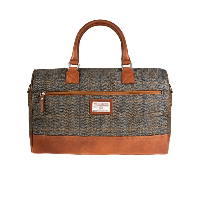 leather weekender bag blue brown check