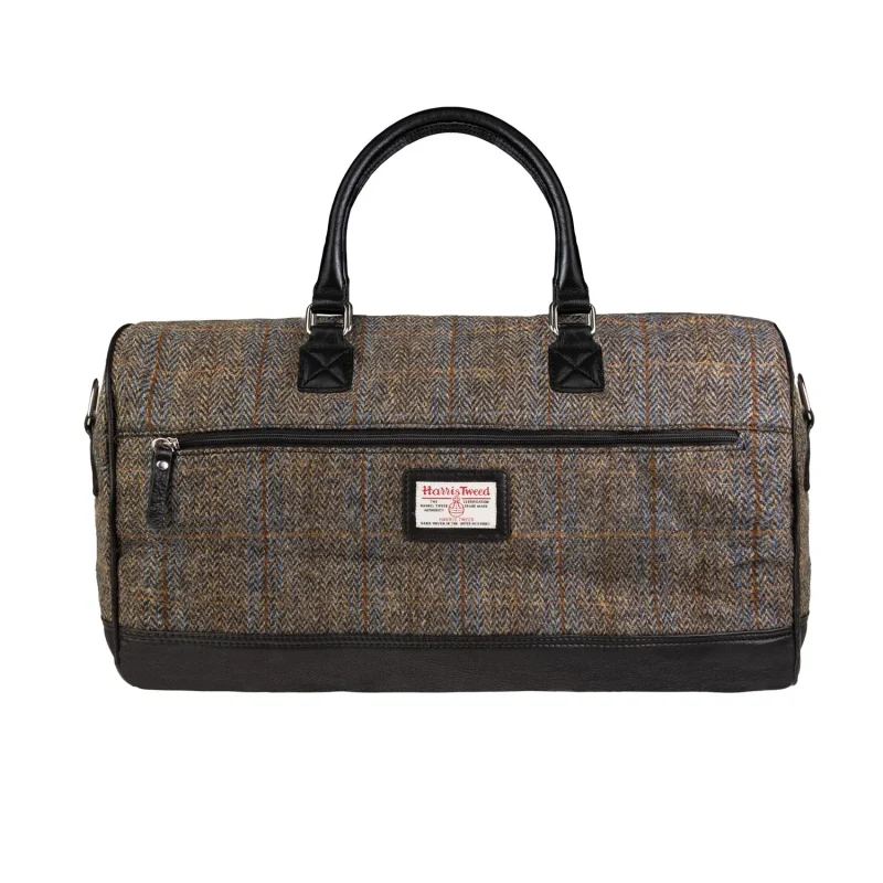 leather weekender bag blue brown check black handle