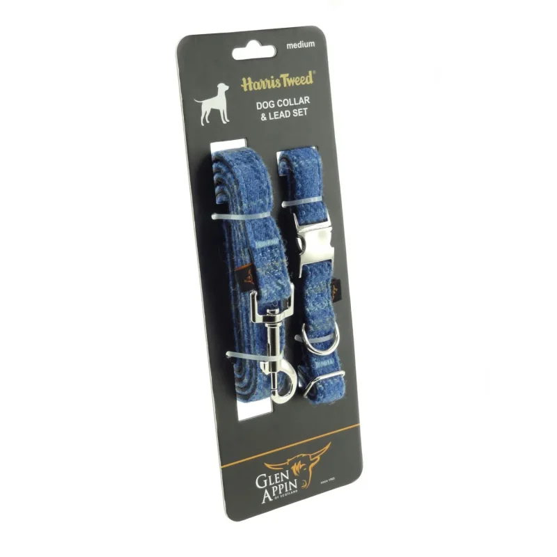 light blue check harris tweed dog collar lead set