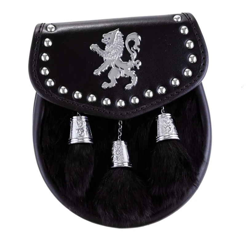 lion rampant sporran with rabbit fur studs