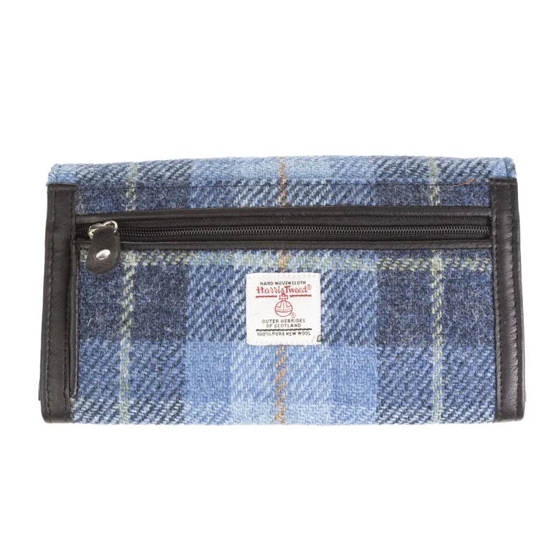 long leather purse blue check black