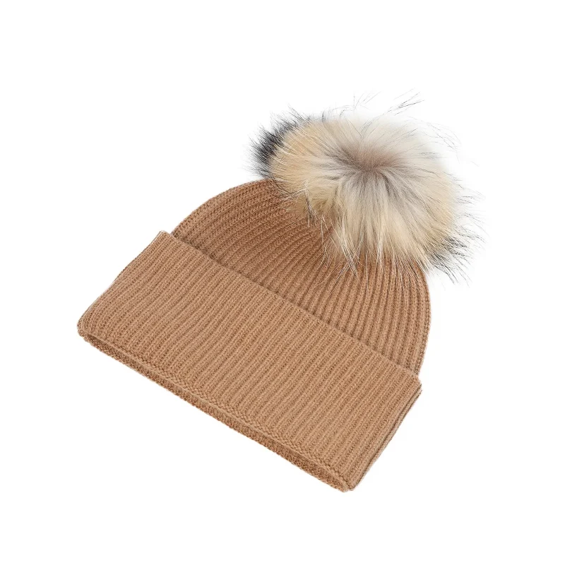 luxury ribbed deep turn up camel beanie