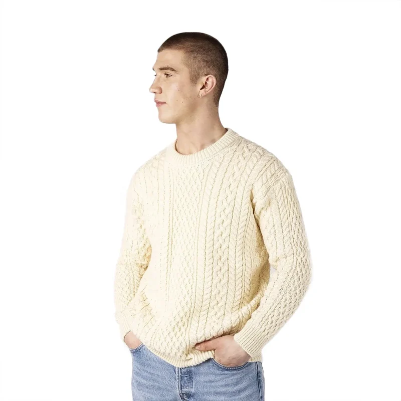 men s aran crew neck sweater in natural