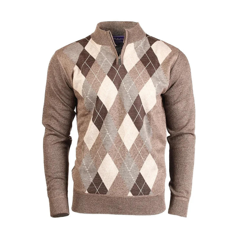 men s argyle half zip sweater in brown melange