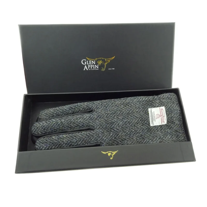 men s charcoal herringbone tweed leather glove set