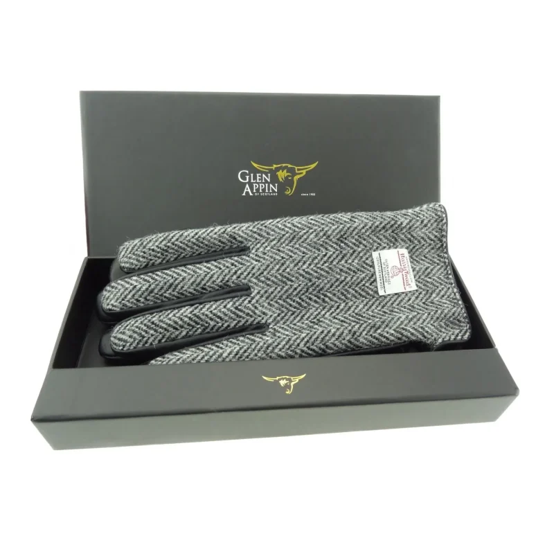 men s harris tweed leather glove set black white