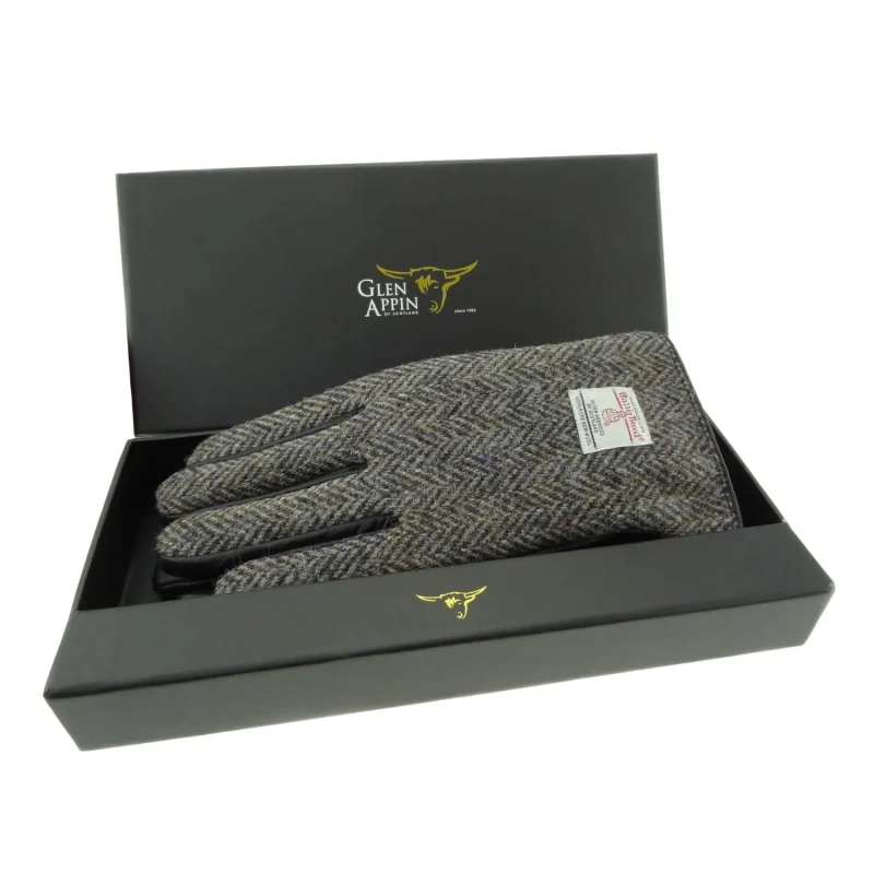 men s harris tweed leather gloves heather herringbone