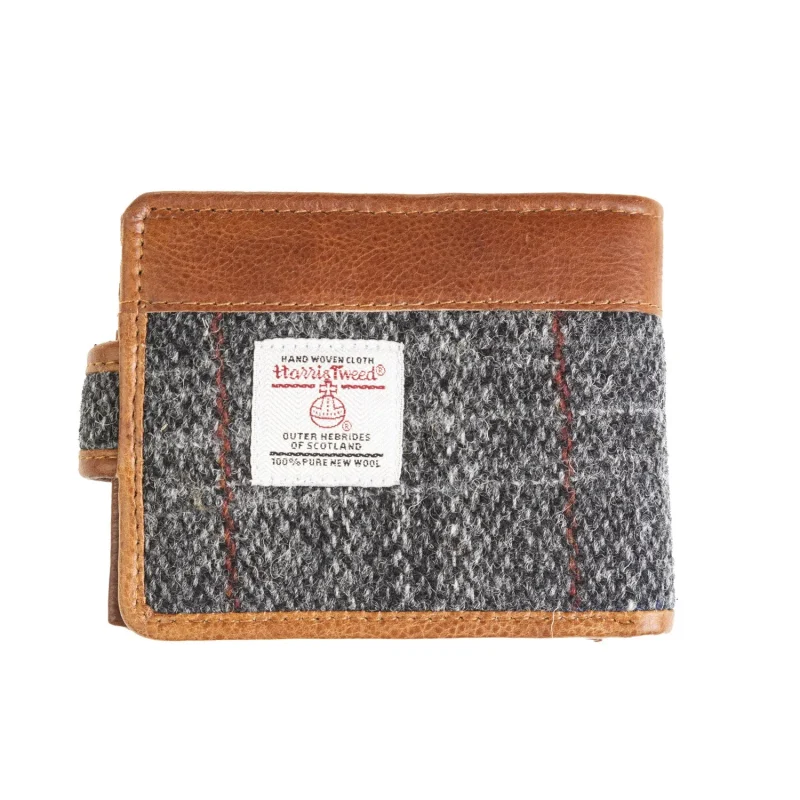 men s leather wallet with loop closer grey red check tan