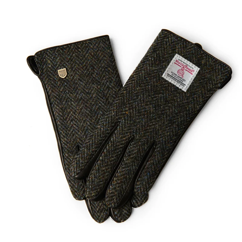 men s touchscreen leather gloves black grey herringbone