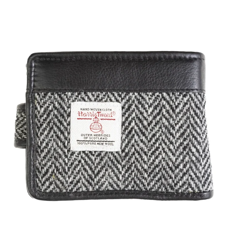 mens leather wallet with loop closer black white herringbone