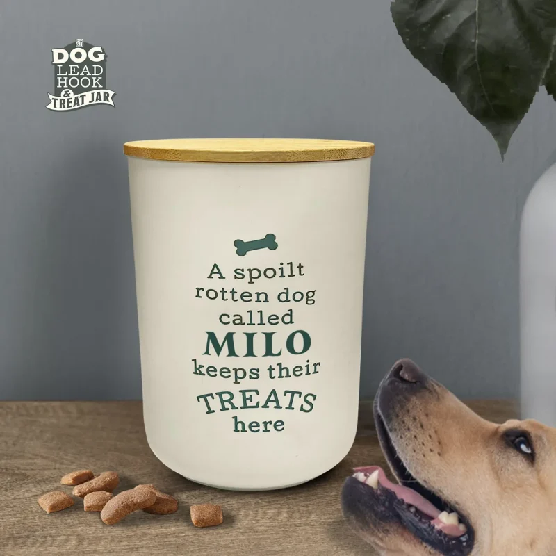 milo dog treat storage jar