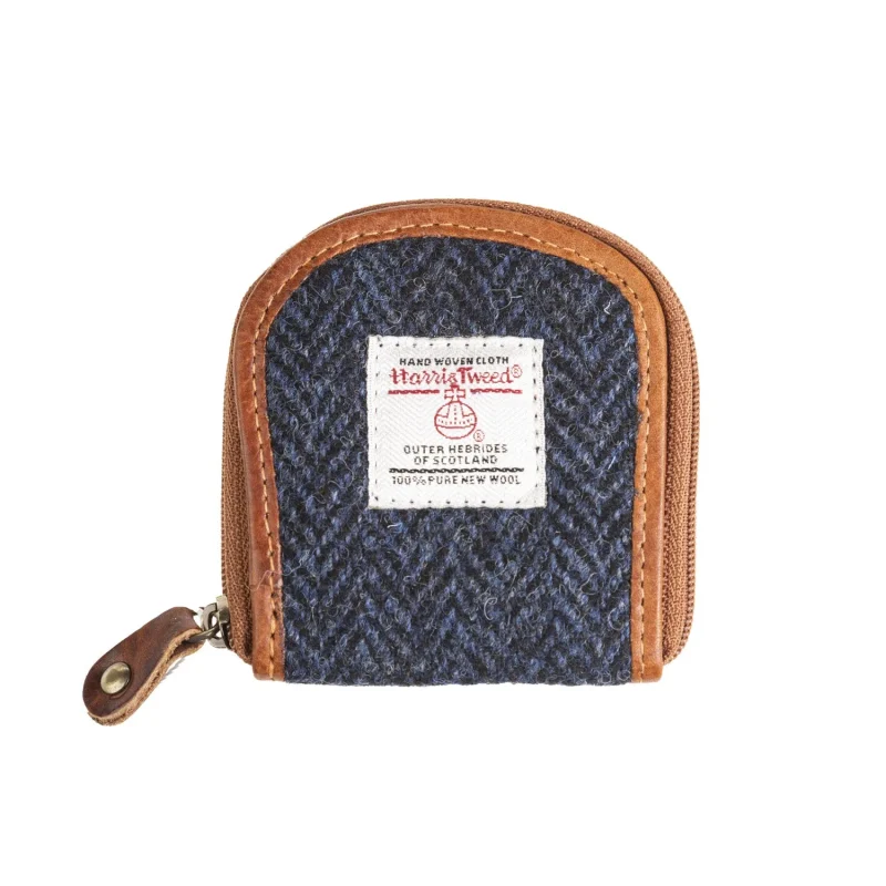 navy blue leather coin purse with tan herringbone