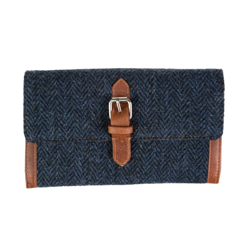 navy blue leather long wallet with tan herringbone accent