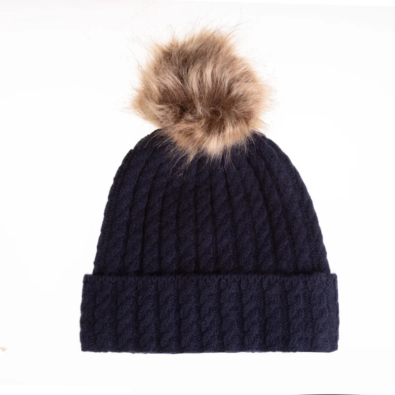 navy lambswool cable knit beanie with pom scaled