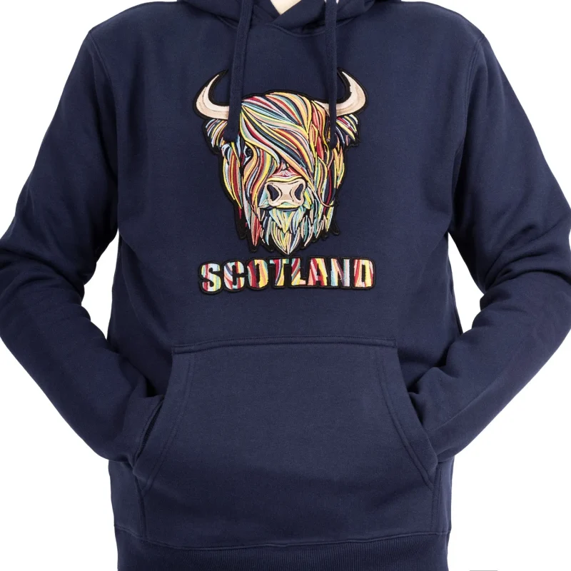 navy pastel highland cow hoodie scotland