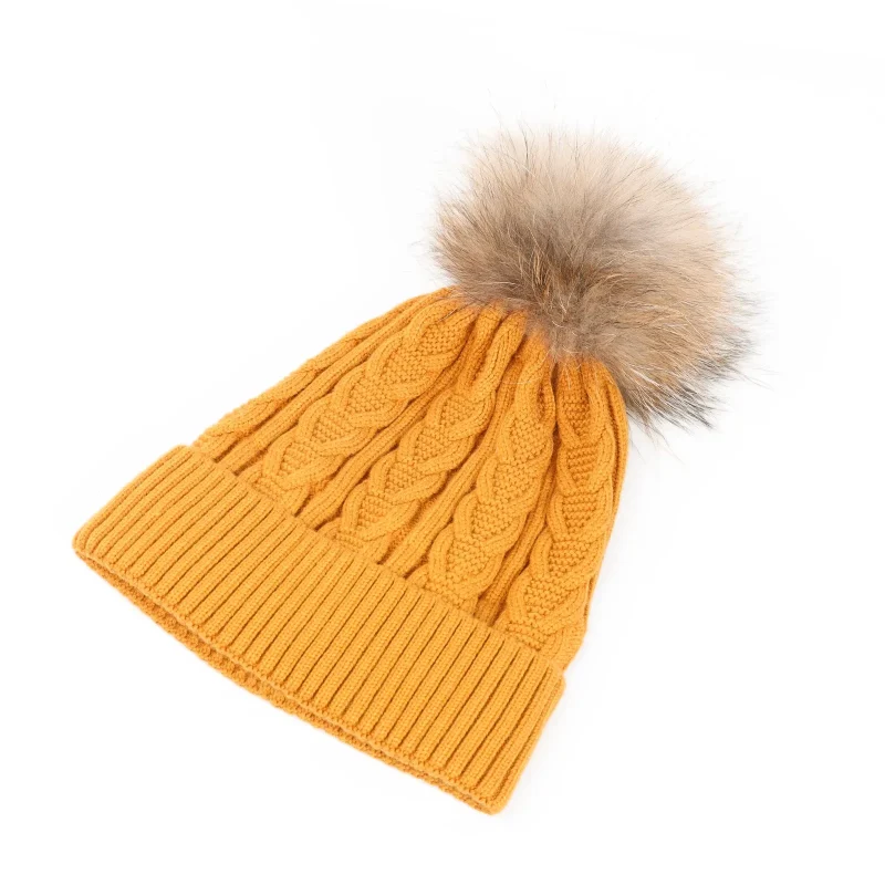 ochre natural cable pom beanie