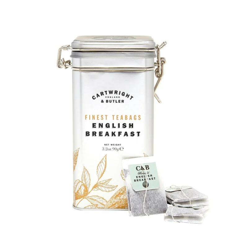 organic english breakfast tea bags in caddy