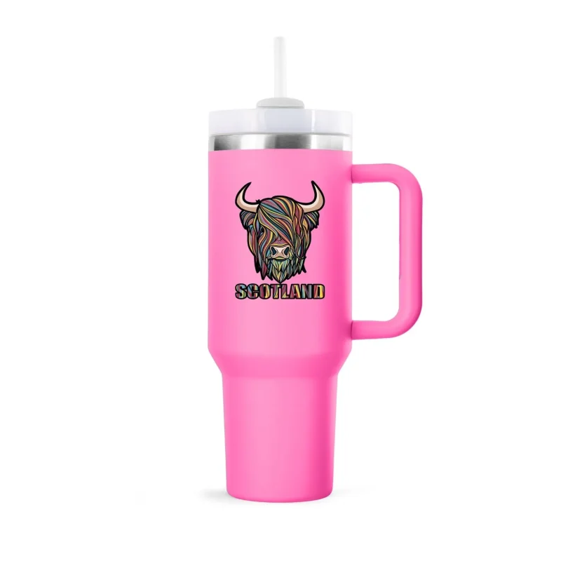 pastel highland cow 40oz tumbler with straw raspberry rose